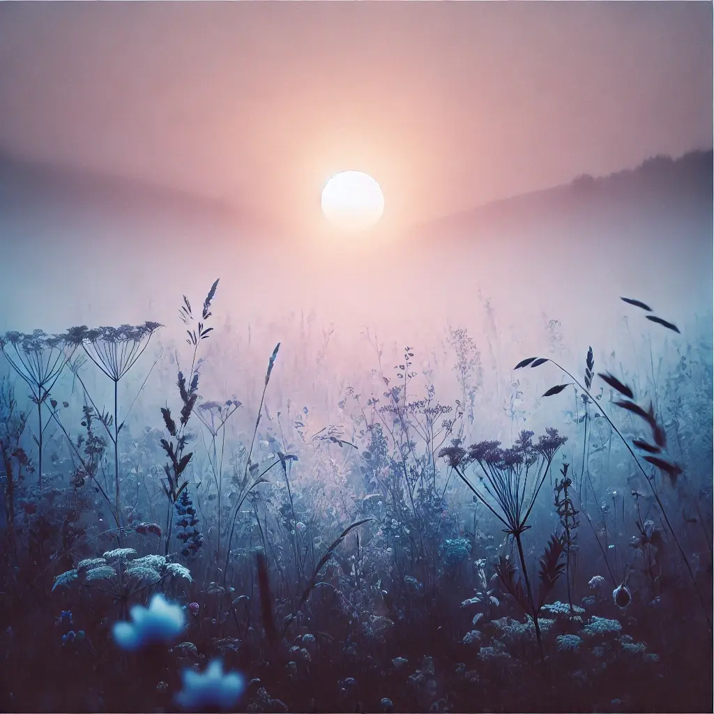 A dreamy, ethereal photography-based art design featuring a foggy meadow at sunrise with soft pastel hues of lavender and blue, and a faint glowing horizon.